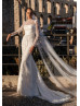 High Neck Beaded Ivory Lace Tulle Luxurious Wedding Dress